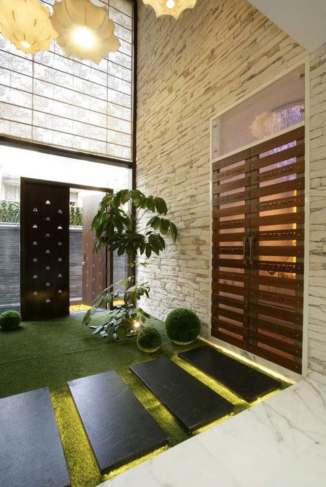 Pooja Room In Courtyard, Living With Courtyard, Entrance Steps, Garden Home Office, Courtyard Design, Indian Home Interior, Pooja Room Door Design, Pooja Room Design, Room Door Design