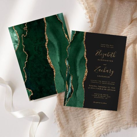 Dark Wedding Invitations, Green And Gold Wedding, Script Wedding Invitations, Elegant Modern Wedding, Agate Wedding, Afternoon Wedding, Emerald Green Weddings, Texture Drawing, Dark Wedding