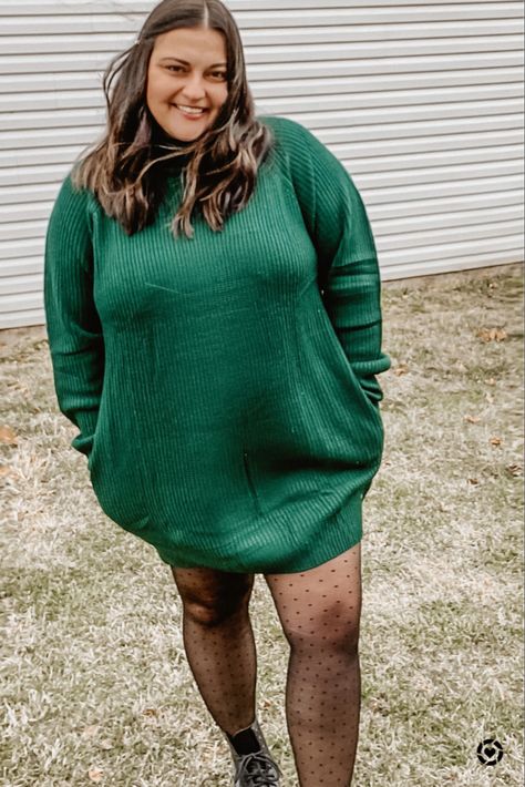 Green Dress With Tights, Green Sweater Dress Outfit, Sweater Dress With Tights, Green Sweater Outfit, Green Knit Dress, Dress With Tights, Polka Dot Tights, Dresses And Tights, Green Sweater Dress