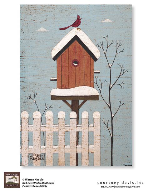 Winter Birdhouse, Warren Kimble, Cardinal Painting, Primitive Painting, Bird Quilt, Rural Landscape, Natural Wood Frames, Birdhouse, Great Big Canvas