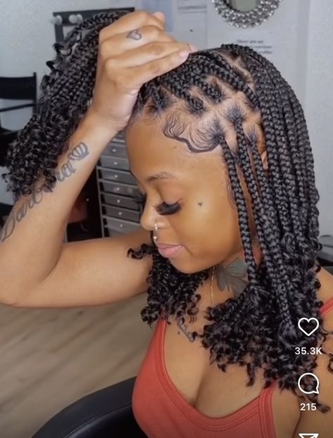 Short Braids Curled Ends, Short Medium Goddess Braids, Half Up Half Down Braided Hairstyles Short Hair, Short Curly Box Braids For Black Women, Shorts Braids Hairstyles, Box Braids Shoulder Length Medium, Short Medium Braids With Curls, Short Knotless Braids Hairstyles With Curls, Box Braids With Curly Ends Short