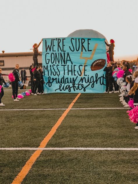 Senior Night Breakthrough, Flag Football Homecoming Ideas, Senior Night Signs Football, Football Runout Signs, Senior Night Banners Football, Cheer Ideas High School, Senior Night Run Through Signs, Senior Banner Ideas Cheer, Cheer Box Ideas High School