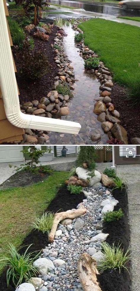 Downspout Landscaping, River Bed, Diy Backyard Landscaping, Dry Creek, Landscape Plans, Home Landscaping, Landscaping Tips, House Landscape, Landscaping With Rocks