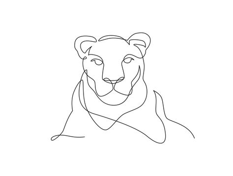 Lioness head continuous line drawing. Front view single linear decorative design concept. Lion abstract linear minimal style, Hand drawn isolated on white background. Vector design illustration. Lioness Tattoo Design, Lioness Tattoo, Single Line Drawing, Continuous Line Drawing, Continuous Line, Drawings Simple, Cityscape Photos, Decorative Design, Minimal Style