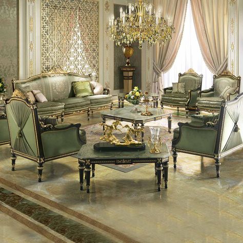 luxurious classic sitting room furniture with elegant green fabric made in Italy solid wood refined sofas armchairs handmade italian interiors beautiful empire style bespoke fabrics custom-made finishes unique design french furniture reproduction timeless classy design royal palace ornamental exclusive sitting room area Italian Furniture Living Room, Italian Style Furniture, Classic Furniture Living Room, Italian Living Room, Luxury Furniture Sofa, Royal Furniture, Luxury Italian Furniture, Luxury Furniture Living Room, Classic Living Room