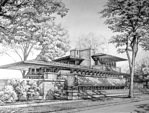 Pencil rendering of Frank Lloyd Wright's famous Robie House (11" x 14") Frank Lloyd Wright Architecture Drawings, Frank Loyd Wright Architecture, Robie House Frank Lloyd Wright, Frank Lloyd Wright Sketches, Frank Lloyd Wright Robie House, Robie House Sketch, Frank Lloyd Wright Drawings, Ennis House Frank Lloyd Wright, Farnsworth House Sketch