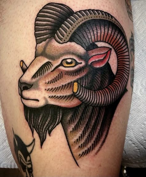 Ram Tattoo Traditional, American Traditional Goat, Traditional Ram Tattoo, Trad Family, Traditional Goat Tattoo, Ram Tattoo Design, Tattoo Goat, American Traditional Old School, Leg Tattoo Designs