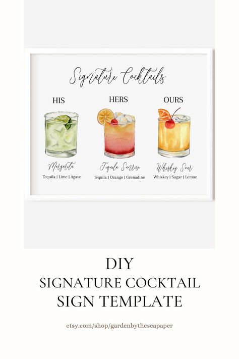 Easy to use digital template with handpainted watercolor cocktails - perfect for a wedding with his and her cocktails or any event! His And Her Cocktails, Engagement Party Drink, Cocktail Engagement Party, Loft Wedding Ceremony, Watercolor Cocktails, Signature Cocktail Menu, Night Before Wedding, Bar Menu Template, Wedding Drink Menu