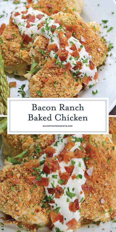 Bacon Ranch Baked Chicken is an easy baked chicken recipe using a creamy mayonnaise base with bacon and ranch seasoning. #bakedchickenrecipe #bakedchicken www.savoryexperiments.com Ranch Baked Chicken, Ranch Seasoning Recipes, Bacon Ranch Chicken, Baked Chicken Recipe, Dinner Favorites, Baked Chicken Recipes Easy, Fancy Dinner Recipes, Easy Chicken Breast, Ground Meat Recipes