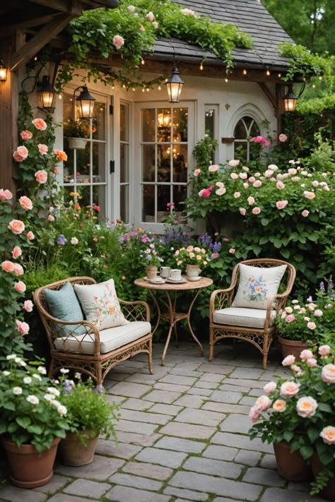 Cottage Outdoor Seating, Cottage Garden Lighting, Fairytale Cottage Garden, Whimsical Garden Shed, Whimsical Patio Ideas, Fairytale House Aesthetic, Garden Cottage Aesthetic, Magical Backyard Ideas, Secret Garden Ideas Backyard