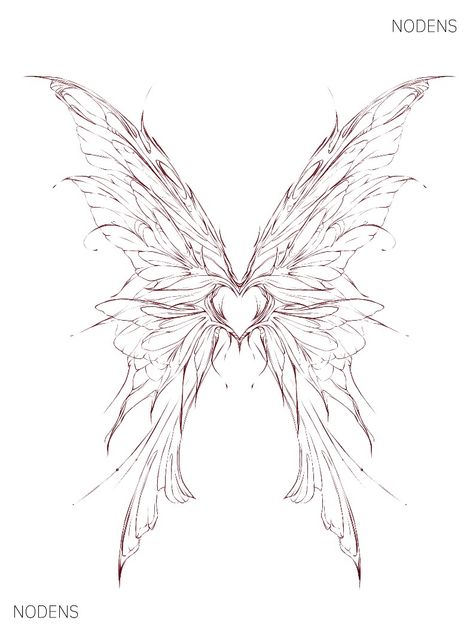 sketch of a red butterfly, with a heart. back tattoo Butterfly With Heart Wings, Cool Tattoos Butterfly, Tattoo Ideas Butterfly Back, Heart With Butterfly Wings Tattoo, Heart With Wing Tattoo, Dancing Butterfly Tattoo, Pixie Wings Back Tattoo, Overlapping Tattoos Design, Sternum Wing Tattoo