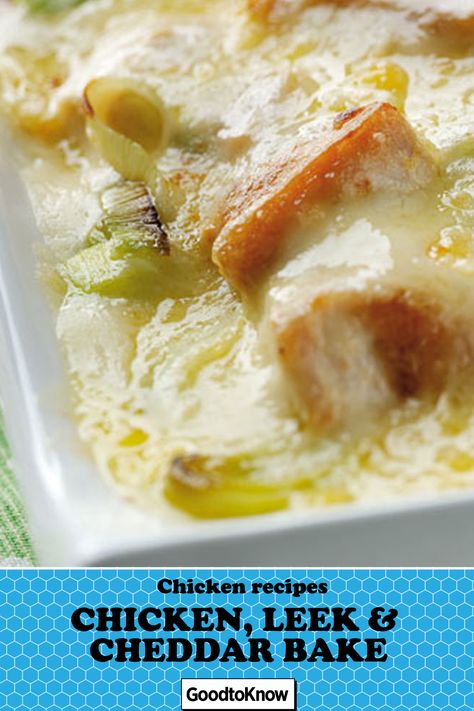 This chicken, leek and Cheddar bake recipe uses classic British ingredients – and is cheap to make, too. Sometimes you just need to smother things in cheese. This delicious chicken, leek and Cheddar bake recipe serves four people and will take about 35 mins to rustle up. Serve this hearty bake with new potatoes or on a bed of freshly cooked pasta. #chickenbake #chickenleekcheddarbake #cheesybakerecipes #chickenbakerecipes #classicchickenbakerecipes #chickenandleekrecipes #cheesyrecipes Chicken And Leek Bake, Chicken And Leek Recipes, Chicken Bakes, Cheesy Leeks, Leek Pasta, Leek Recipes, Baked Dinner Recipes, Cheddar Cheese Sauce, Cooked Pasta