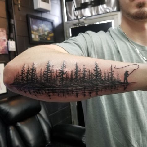 Tattoo Ideas For Men Fishing, Cowboy Riding Fish Tattoo, Hunting Fishing Memorial Tattoo, Western Tattoos For Men Country, Waterfowl Tattoo Ideas, Mountain Fishing Tattoo, Cute Fishing Tattoos, Outdoor Tattoos For Men Forearm, Grandpa Fishing Tattoo