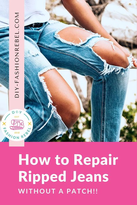 Hole In Knee Jeans Repair, Ripped Jeans Sewing Hacks, Mend Ripped Jeans Knee, Fixing Rips In Jeans, Covering Holes In Jeans, Patch Ripped Jeans Diy, How To Repair Torn Jeans, Patch Knee Holes In Jeans, Fixing Jeans With Holes