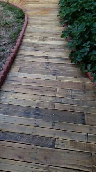 Diy Pallet Walkway, Wood Pallet Walkway, Pallet Walkway, Driveway Landscape, Rainforest Garden, Land Scaping, Wood Walkway, Diy Garden Patio, Backyard Walkway