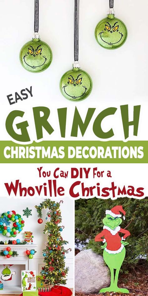 Easy Grinch Christmas Decorations You Can DIY for a Whoville Christmas! • The Budget Decorator Wooden Grinch Tree Diy, Grinch That Stole Christmas Decorations, Whoville Presents Diy, Grinch Theme House Decorations, Grinch Paper Chain, Grinch Themed Christmas Decoration For Classroom, Whimsical Grinch Christmas Tree, Grinch Diy Decorations Ideas, Cheap Diy Grinch Decorations