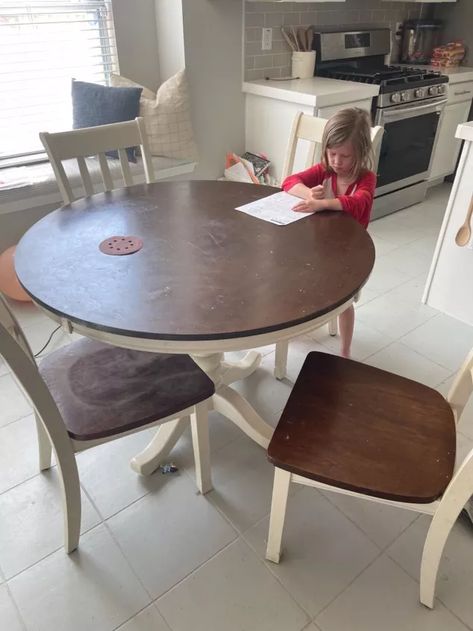 This is my second time using the “Retique It Liquid Wood” product to give a veneer table a lighter wood finish. This stuff is great for adding a layer of real word on any hard surface that is stainable. Because my kitchen table wasn’t real world, I couldn’t just sand it down to get the lighter finish I was desiring. Table BEFORE. This dark cherry wood showed every crumb, smear, and fingerprint. Retique at Liquid Wood is made out of 66% recycled real wood that you can paint on witho… Painting Laminate Table, Retique It Liquid Wood, Weathered Wood Stain, Retique It, Liquid Wood, Painted Table Tops, Washbasin Cabinet, Refinished Table, Oak Dining Room Table