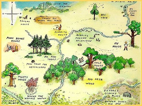 Map of the 100 acre woods - Good for setting the scene! House At Pooh Corner, 100 Acre Wood, Hundred Acre Woods, Winnie The Pooh Birthday, Winnie The Pooh Friends, Wood Map, Christopher Robin, Fantasy Map, Pooh Bear