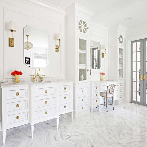 This Home Proves The Importance of Details | lark & linen The Fox Group, Classic White Bathrooms, Fox Group, Custom Bathroom Cabinets, All White Bathroom, French Country Bathroom, Custom Bathroom Vanity, White Bathroom Designs, Bathroom Vanity Designs