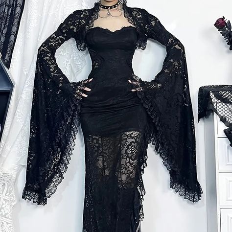 Goth Collar Long Sleeves Y2k Lace Crop Top Shrug - Temu Gothic Vampire Women, Dark Fits, Black Rave Outfits, Blouse Y2k, Vampire Gothic, Gothic Outfit, Rave Outfits Festivals, Dress Weights, Outfits Dress