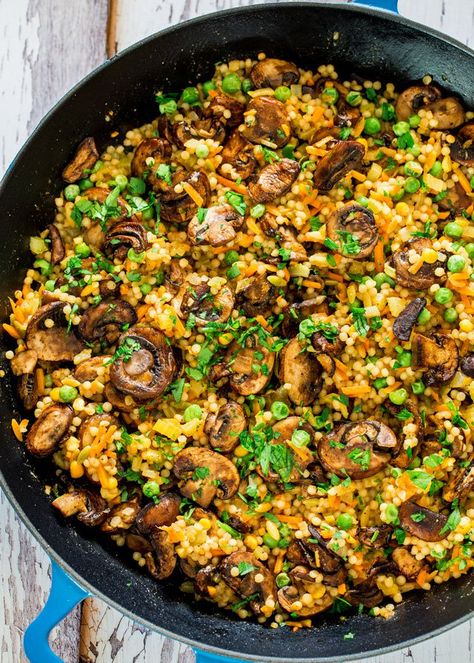 * With veggie stock Couscous Pilaf, Making Couscous, Couscous Recipes, Sauteed Mushrooms, Rice Dishes, Vegetarian Dishes, Couscous, Skillet, Vegan Vegetarian