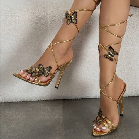 4.5 Inch Butterfly Heels Whimsical Shoes, Butterfly Heels, Snake Heels, Tie Sandals, Open Toe Shoes, Prom Shoes, Pretty Shoes, Strappy Heels, Womens High Heels