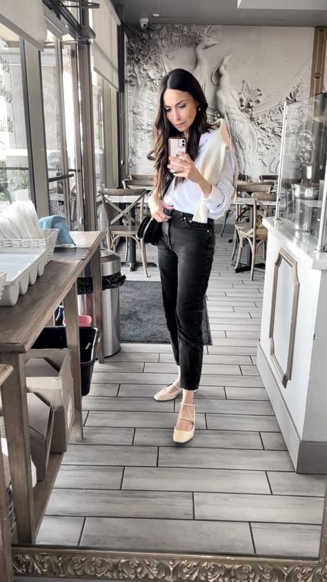 Friday is for lunch with friends and these super cute Mary Jane style shoes ☕️ #fridayoutfit . . . Neutral style outfit, cute work outfit, black jeans outfit, mom jeans, Mary jane shoes, beige Mary Jane shoes, sling back shoes, ocre Mary Jane shoes, cream sling back shoes #outfits #blackjeans Parisian style outfit, French style outfit,

#LTKstyletip#LTKshoecrush#LTKworkwear Dresses With Mary Jane Shoes, Cream Mary Janes Outfit, Beige Mary Janes Outfit, Sling Back Shoes Outfits, Mary Jane Flats Outfits, Beige Mary Janes, Mary Jane Work Outfit, Cream Mary Jane Shoes Outfit, Work Outfit Black Jeans