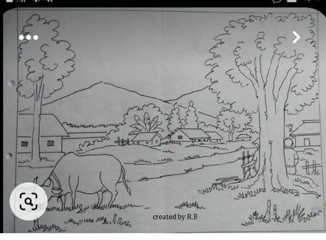 Drawings Of Scenery, Pond Drawing, Village Scene Drawing, Scenery Drawing For Kids, Easy Scenery Drawing, Village Scenery, Village Drawing, Beautiful Pencil Drawings, Easy Girl