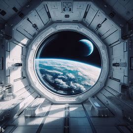 Prompt: photo from a interior pristine white space station, marvel of engineering, floating in the cosmic void. interior is a symphony of symmetry, with every angle carefully calculated. No side windows distract from the main attraction: a large, angular window that frames the beauty of the planet of atmospheric clouds on the left. The blue-green planet fills the view, a contrast to the stark whiteness of the interior. A moon is rising around it and contrasts with the dark void Spaceship Window, Space Window, Dark Void, Earth View, Green Planet, Main Attraction, Window View, Space Station, White Space