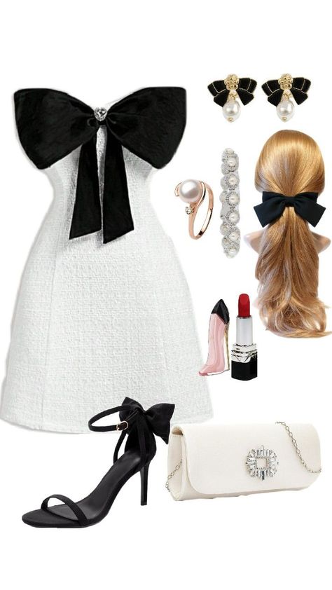 White strapless short dress with a large black bow, paired with black bow pearl earrings, a pearl bracelet, rose gold ring, and bold red lipstick. Finished with black bow heels, a white classy clutch, and a black bow hair clip. Aesthetic Homecoming Dress, Outfit With Black Heels, Strapless Short Dress, Elegant Perfume, Homecoming Dress Ideas, Aesthetic Homecoming, Strapless Dresses Short, Red Dress Outfit, Chic Aesthetic