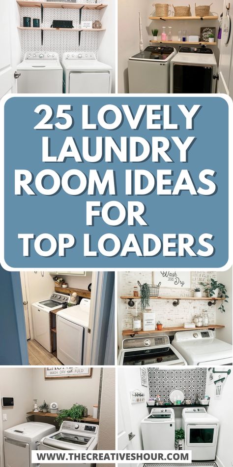 25 Functional Laundry Room Ideas For Top Loaders Laundry Room Set Up Top Loader, Shelving Laundry Room Ideas, Laundry Room And Utility Room Ideas, Laundry Room Windows Ideas, Modern Boho Laundry Room Ideas, Disguise Washer And Dryer, Laundry Room Facelift, Laundry Closet Folding Station, Small Top Loader Laundry Room