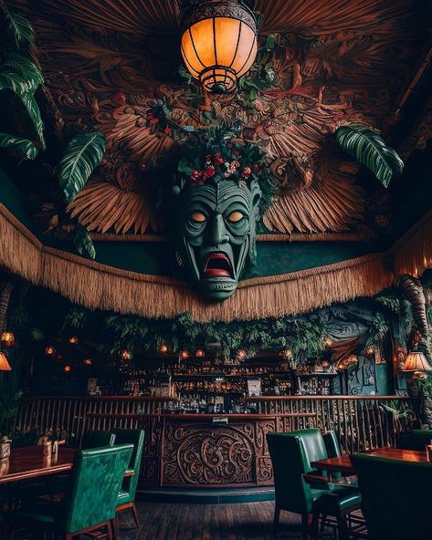 Jungle Tiki Bar, Zen Bar Design, Dark Tiki Aesthetic, Garden Tiki Bar, Bar Interior Design Vintage, Tiki Aesthetic, Tiki Wallpaper, Bar Decoration Ideas, Bar Themes