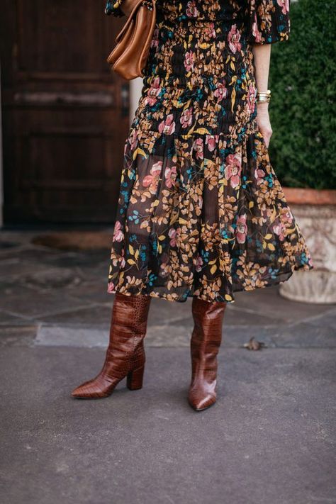 WINTER TO SPRING FLORAL DRESS Transitional Outfits Winter To Spring, English Country Fashion, Floral Dress Winter, Floral Dress Outfits, Elegant Boots, Winter To Spring, Dallas Fashion, Winter Dress Outfits, Country Fashion