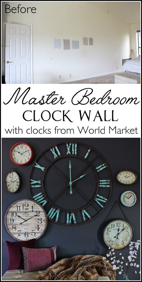 Learn how to create a fun statement using clocks. This clock wall is classy, dramatic and easy to make, you will love the pictures! Bedroom Clock Ideas, Bedroom Statement Wall, Wall With Clock, Bedroom Clock, Mini Bedroom, Bedroom Revamp, Grown Up Bedroom, Huge Bedrooms, Bedroom Clocks