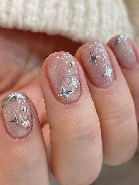 Chrome Nails Glitter, Silver Chrome Nails, Nails With Stars, Gel Chrome Nails, Star Nail Designs, Silver Nail Designs, Chrome Nails Designs, Hello Nails, Racun Shopee