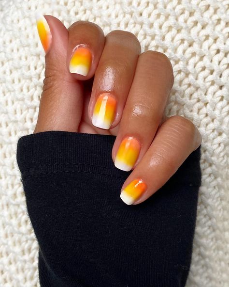 Janet & Jo. ® | Happy National Candy Corn Day!🎃 Share this post on your story if you’re team candy corn!🍬✨ • Shades: Happy, Paper Plate, and The Phoenix… | Instagram Nail Ideas For Couples, Corn Nails, Candy Corn Nails, Nail Pops, Short Square Nails, Seasonal Nails, Short Square Acrylic Nails, Round Nails, Dip Powder Nails