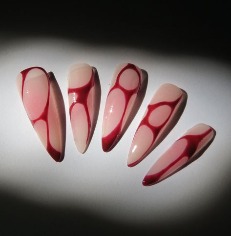 This is an elegant nail design with natural base, red blushing in the center, and burgundy abstract lines on top.  It's 100% handmade! The design might be slightly different due to the shapes. I'll manage to make them all look gorgeous.   The package includes: - The nail set with 10 pieces. (Maximum 2 simple design spare nail tips to replace, if there are 3d or anime art) - Prep kit: mini file, buffer, glue, adhesive tabs, wooden stick, alcohol pad. - Instructions. Due to the sanitary reason, unfortunately, I cannot offer returns or exchanges . Order Cancellation: - All orders are made to order and tailored to your specifications. You have a 6-hour window from the time of order placement to cancel your order. After this period, orders cannot be canceled as I begin crafting your unique nail Two Color Nails Ideas Simple, Coffin Simple Acrylic Nails, Frosted Tip Nails, Red Nails Pattern, Nails Design Red And Black, Line Art Nail Art, Nails Almond Halloween, Nail Art Designs Matte, Neutral Red Nails