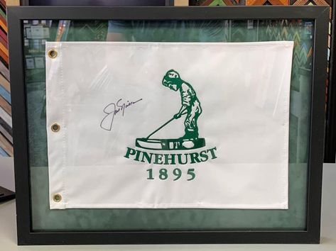 ⛳️ Pinehurst Resort flag custom framed with suede matting, UV glass and black wood frame! #art #framing #denver #colorado #pictureframing #customframing #pinehurst #golf #sportsframing #shadowbox Framed Golf Flag, Golf Flag Display Ideas, Golf Flag Display, Flag Display Ideas, Sports Cave, Golf Flags, Pinehurst Golf, Wood Frame Art, Office Golf