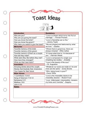 Have to write a toast to the bride and groom and can't come up with a good script? Jump-start your best ideas, anecdotes and memories with the Wedding Planner Toast Ideas sheet. Answer questions and choose from listed quotations. Free to download and print Groom's Speech, Toast To The Bride, Maid Of Honor Toast, Toast Ideas, Best Man Wedding Speeches, Best Wedding Speeches, Wedding Speeches, Maid Of Honor Speech, Wedding Planner Binder