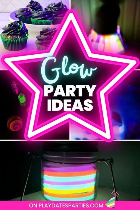 Looking for the BEST glow in the dark party ideas? You'll definitely want to check out all of this epic glow party inspiration. We've got amazing glow party ideas for teens and kids, plus some for adults too. We're sharing glow party games, DIY glow in the dark party decorations, glow party favors, glow in the dark party invitations, glow party food, and tips for hosting your party anywhere - even outdoor in your backyard. Glow In The Dark Hoco Theme, Glow In The Dark Diy Decoration, Food For Glow In The Dark Party, Glow Party Food Table, Outdoor Glow In The Dark Party, Glow In The Dark Food Ideas, Glow Party Food Ideas, Diy Glow Party Decorations, Glow In The Dark Centerpieces