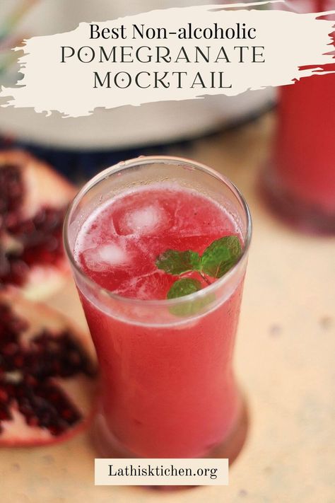 Best Pomegranate Mocktail - No sugar added - Lathi's Kitchen Pomegranate Mocktail, Fun Party Drinks, Kid Friendly Drinks, Ginger Lemonade, Pineapple Lemonade, Delicious Hot Chocolate, Liqueurs Recipes, Alcoholic Beverage, Beverage Recipes