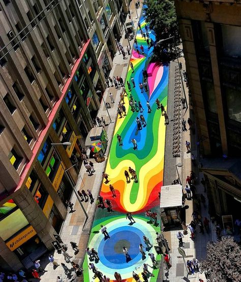 Busy City Street in Santiago Is Turned Into a Colorful Pedestrian Promenade Busy City Street, Tactical Urbanism, Streetscape Design, Urban Intervention, Street Mural, Landscape Architecture Design, Busy City, Street Design, City Street