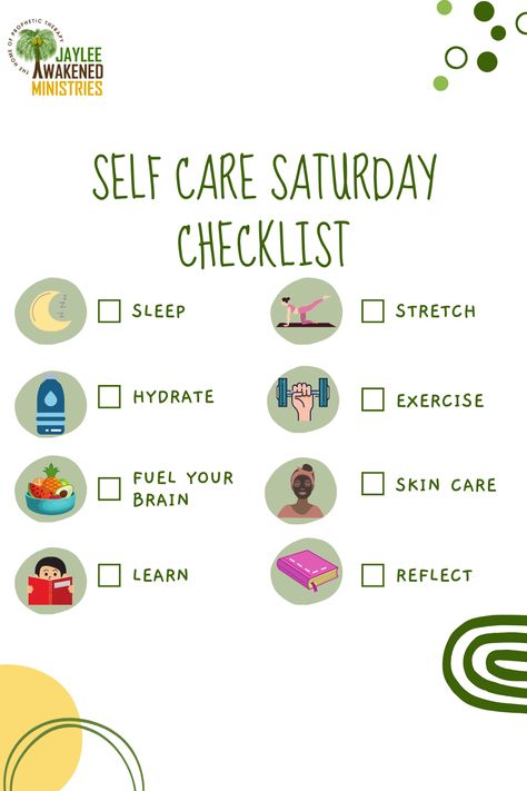 📋 Self Care Saturday Checklist!** 🌿

Recharge today with our Self Care Saturday Checklist: sleep, hydrate, fuel your brain, learn, stretch, exercise, skincare, and reflect.

“Is anyone among you suffering? Let him pray. Is anyone cheerful? Let him sing praise.” - James 5:13

#SelfCareSaturday #Wellness Saturday Checklist, Saturday Self Care, Self Care Saturday, Saturday Post, James 5 13, Stretch Exercise, James 5, Brain Learning, Your Brain