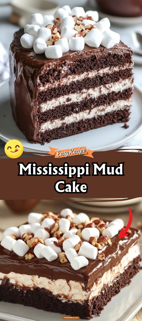 Indulge in the rich, chocolatey delight of Mississippi Mud Cake. This Southern classic layers moist chocolate cake, marshmallow cream, and a luscious chocolate frosting topped with pecans for added crunch. It’s a decadent dessert that’s sure to satisfy any sweet tooth. #MississippiMudCake #ChocolateCake #SouthernDesserts Chocolate Cake Marshmallow, Southern Dessert Recipes, Mounds Cake, Chocolate Marshmallow Cake, Cake Marshmallow, Mississippi Mud Cake, Mud Cake Recipes, Easy Cakes To Make, Chocolate Mud Cake