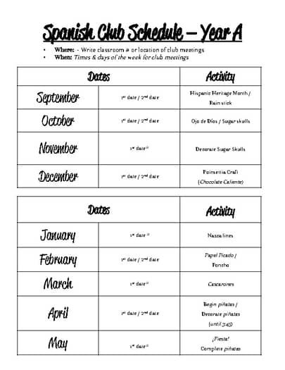 Spanish Club Calendar by Señora Language Link | TPT Spanish Club Ideas, Teacher Work, Permission Slip, Date Activities, Spanish Club, Club Ideas, Class Activities, Heritage Month, Spanish Lessons