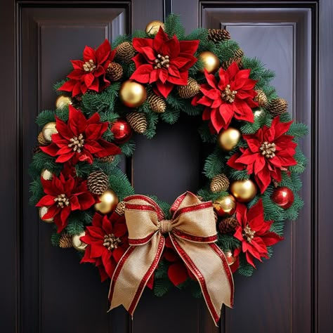 Company Lobby, Winter Wreath Ideas, Christmas Decor Door, Wreath Decorating Ideas, Christmas Reef, Homemade Christmas Wreaths, Christmas Wreath Craft, Red Christmas Ornaments, Gold Christmas Ornaments