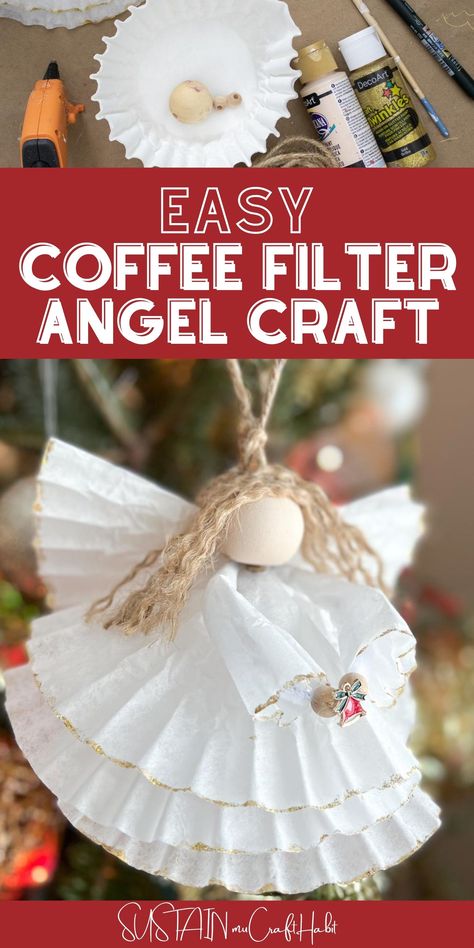 Coffee Filter Angel Craft, Coffee Filter Ornaments Holidays, Crafts Using Coffee Filters, Christmas Diy Angles, Christmas Ornaments For Seniors To Make, Holiday Crafts For Seniors, Crafts With Coffee Filters, Snow Angel Craft, Coffee Filter Ornaments