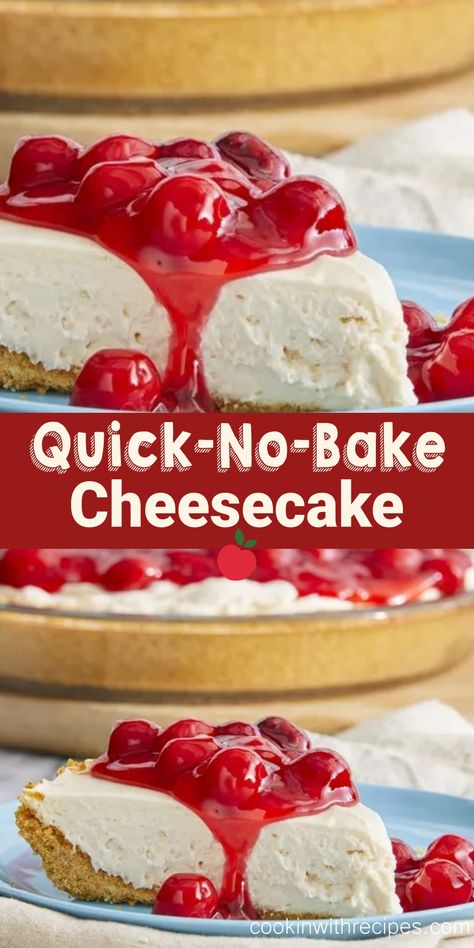 Quick-No-Bake Cheesecake Recipe - This no-bake cheesecake is my go-to recipe when I want cheesecake in a flash. I love to share it with friends and family. It's as easy as 1-2-3! Top with additional graham cracker crumbs and whipped topping, if desired. Pie, No Bake Cherry Cheesecake With Cool Whip, Easy No Bake Cheesecake 4 Ingredients, 3 Ingredient Cheesecake No Bake, Cheesecake With Cool Whip, Strawberry Cheesecake Recipe Easy, Cool Whip And Cream Cheese, Cheesecake Recipes Easy Homemade, Quick Cheesecake