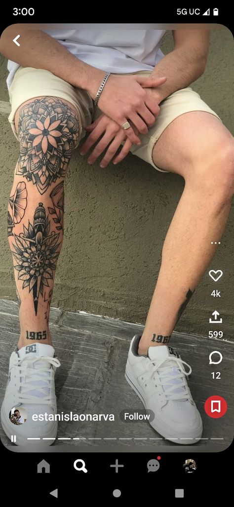 Tattoos Inspired By Books, Geometric Tattoo Leg, Mandala Tattoo Men, Tattoo Knee, Calf Tattoo Men, Tattoo Samples, Lower Leg Tattoos, Shin Tattoo, Full Leg Tattoos