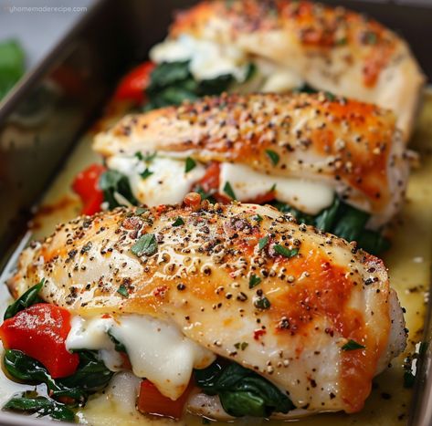 Spinach And Red Pepper Stuffed Chicken, Roasted Red Pepper Spinach And Mozzarella Stuffed Chicken, Red Pepper Stuffed Chicken, Chicken Breast Stuffed With Spinach, Chicken Stuffed With Spinach, Stuffed Chicken Breast Recipes, Roasted Red Pepper Chicken, Mozzarella Stuffed Chicken, Baked Stuffed Peppers